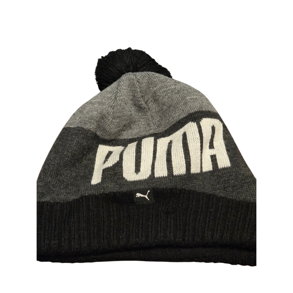 Puma Beanie Hat Men One Size Grey Black Pom Pom Knit Winter Logo 0719A0035831